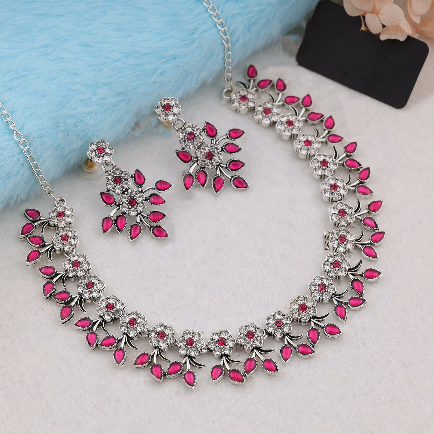 Silver Plated Peach Colour Necklace With Earrings For Womens