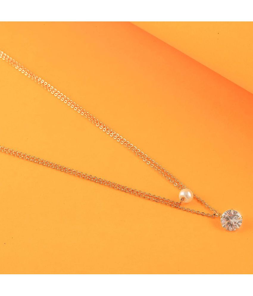 American Diamond and White Pearl 2 Layer Necklace Golden Satari Chain Pendant for Women and Girls Diamond Gold-plated Plated Brass Chain