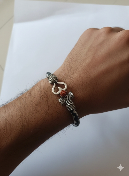 Dual-Tone Black And Silver Divine Mahadev Om & Rudraksha Braided Leather Kada Bracelet