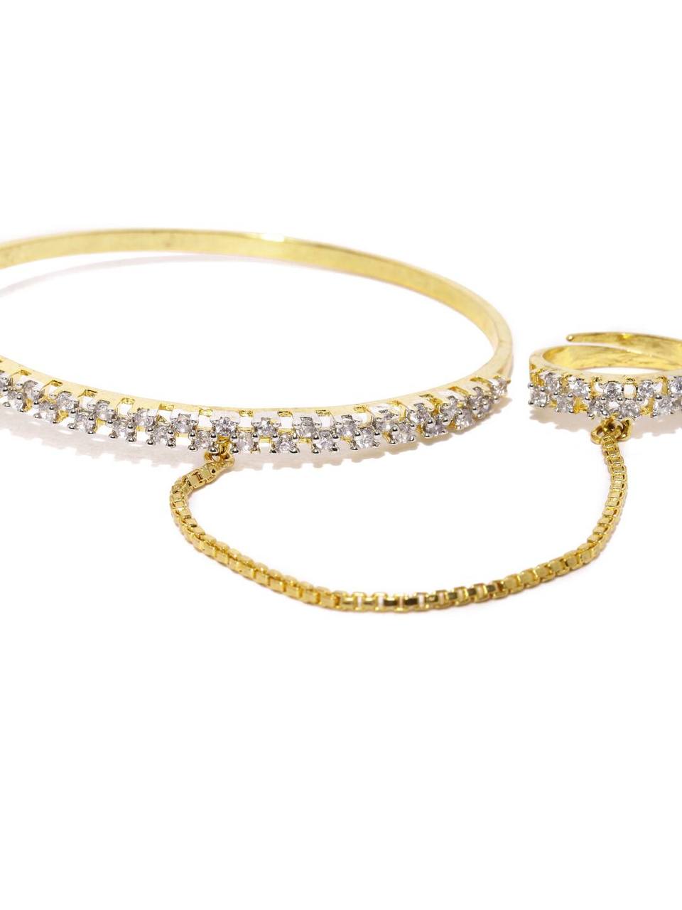 Gold Plated American Diamond Bracelet with Finger Ring For Women