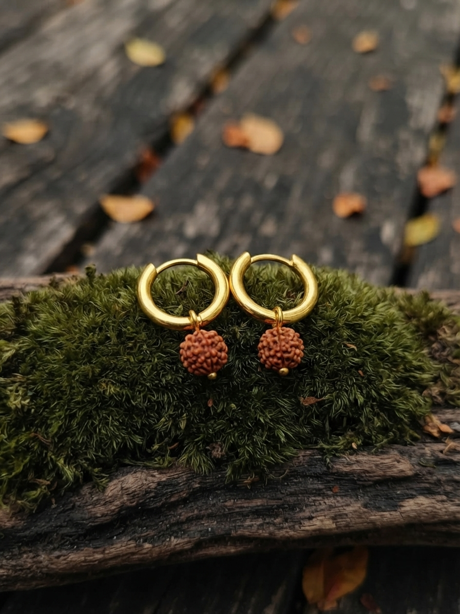 Gold-Plated Huggie Hoop Baali with Natural Rudraksha Bead Charms