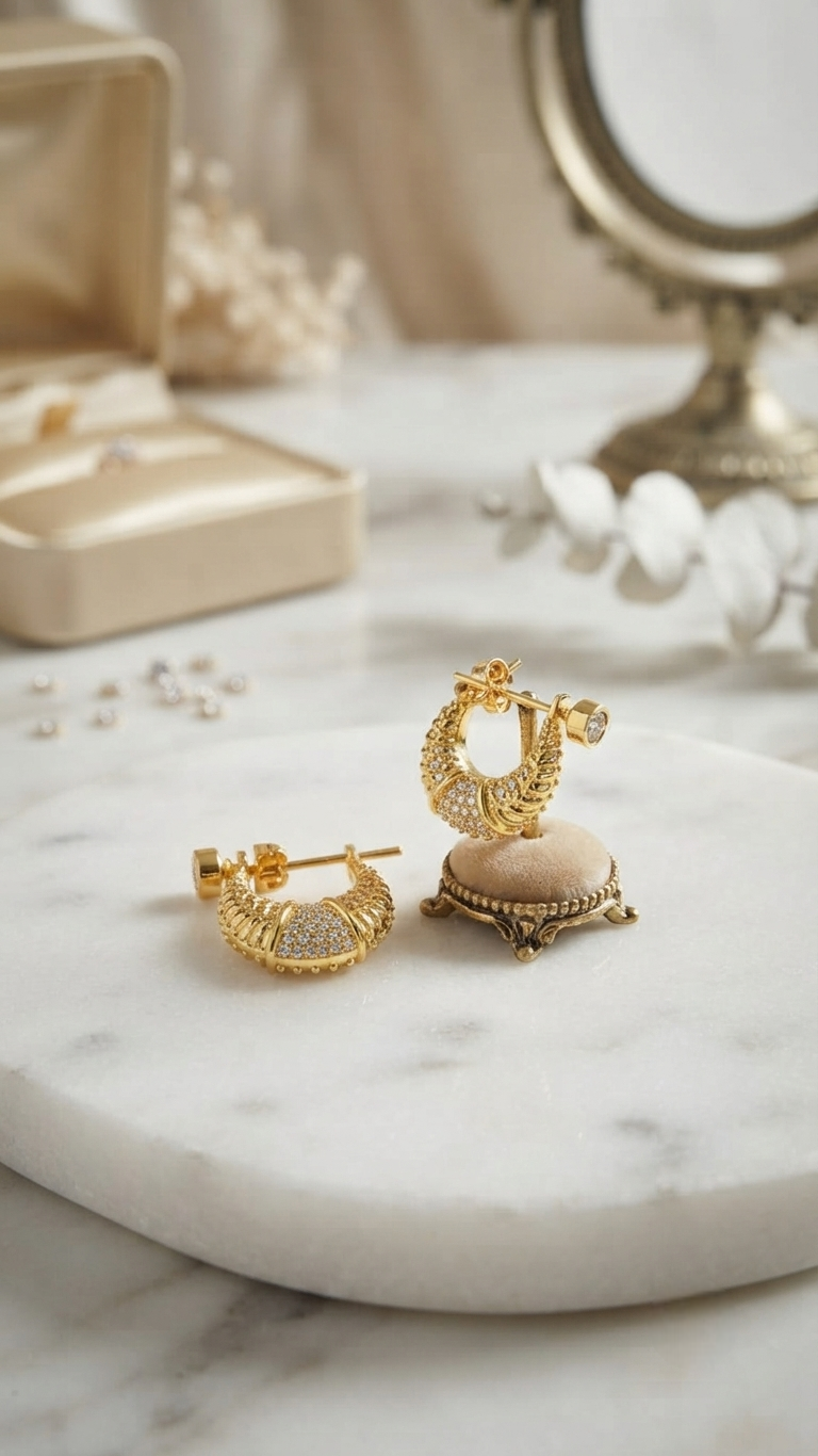 Gold-Plated Textured Crescent Half-Hoop Earrings with Stone Accents
