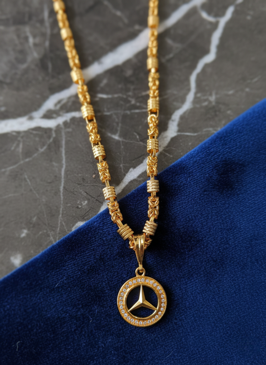 Mens Gold-Plated Mercedes-Benz Emblem Pendant with Byzantine Bar Chain