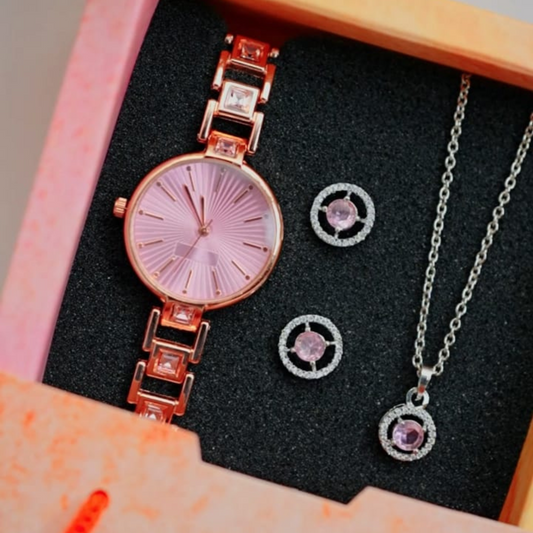 Special Pink Analog Wrist Watch And Pendant Set For special Gift 