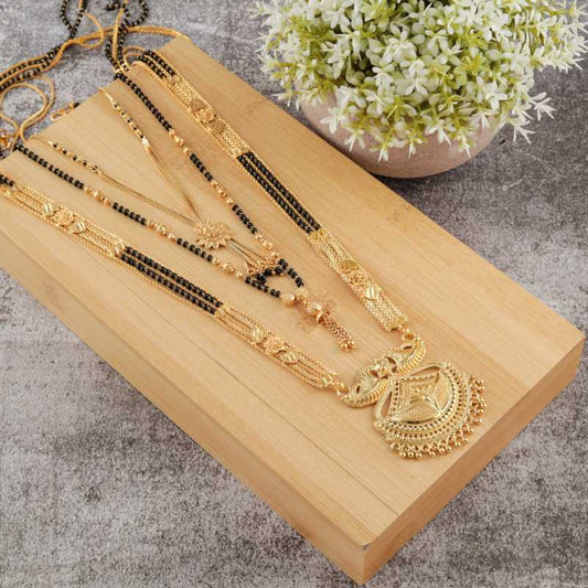 Combo Of 3 Pcs Ethnic Traditional One Gram Gold Glorious Maharashtrian Style Long Chain Black Beads 30 Inch And 18 Inch Short