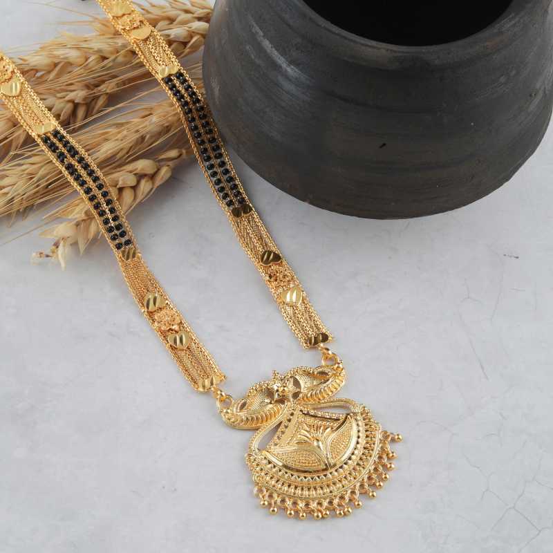 Combo Of 3 Pcs Ethnic Traditional One Gram Gold Glorious Maharashtrian Style Long Chain Black Beads 30 Inch And 18 Inch Short