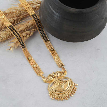 Combo Of 3 Pcs Ethnic Traditional One Gram Gold Glorious Maharashtrian Style Long Chain Black Beads 30 Inch And 18 Inch Short