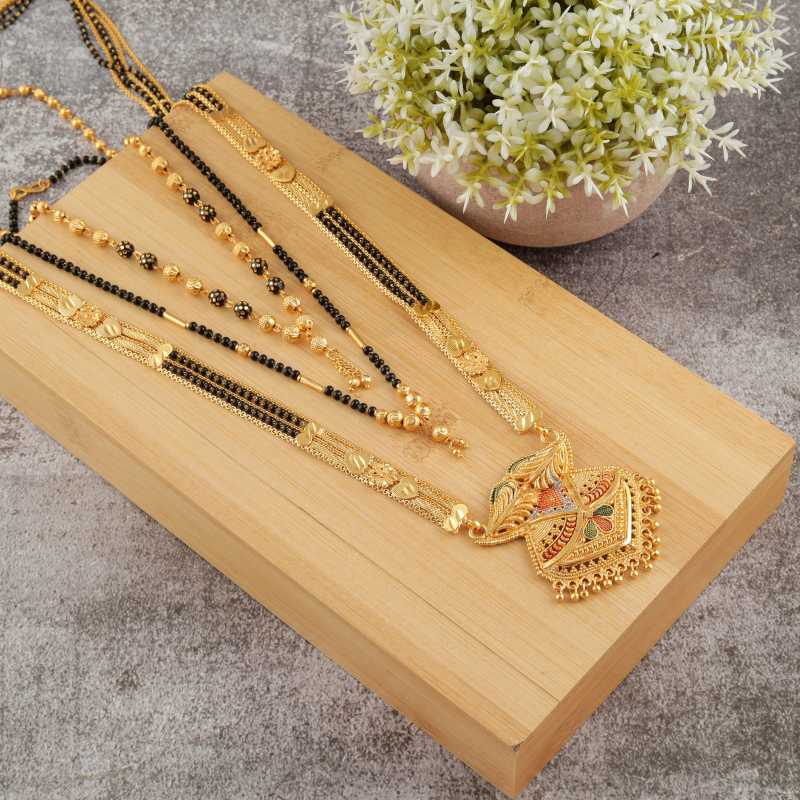 Combo Of 3 Pcs Ethnic Traditional One Gram Gold Glorious Maharashtrian Style Long Chain Black Beads 30 Inch And 18 Inch Short