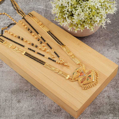 Combo Of 3 Pcs Ethnic Traditional One Gram Gold Glorious Maharashtrian Style Long Chain Black Beads 30 Inch And 18 Inch Short