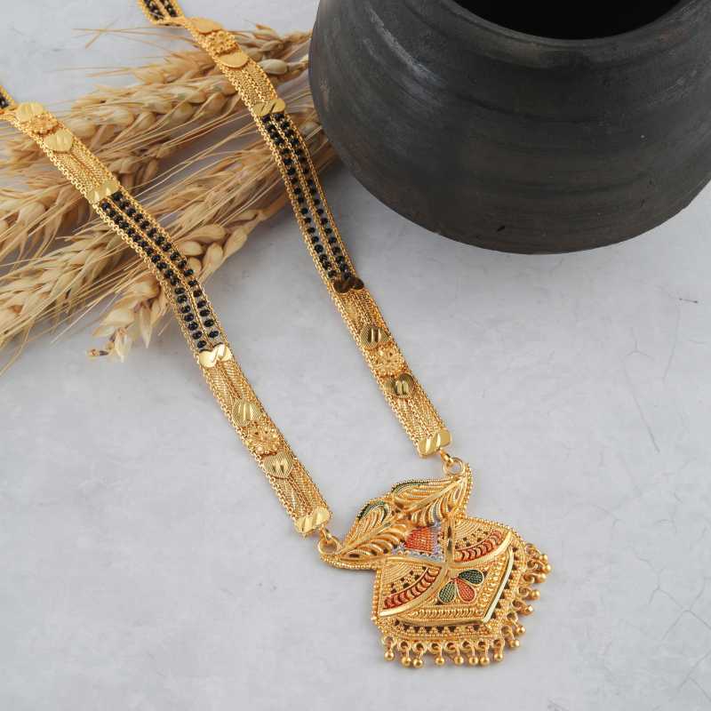 Combo Of 3 Pcs Ethnic Traditional One Gram Gold Glorious Maharashtrian Style Long Chain Black Beads 30 Inch And 18 Inch Short