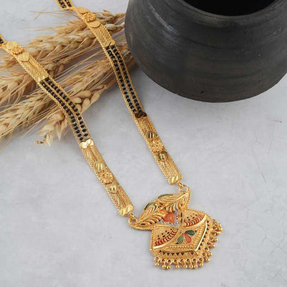 Combo Of 3 Pcs Ethnic Traditional One Gram Gold Glorious Maharashtrian Style Long Chain Black Beads 30 Inch And 18 Inch Short