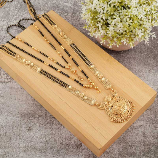 Combo Of 3 Pcs Ethnic Traditional One Gram Gold Glorious Maharashtrian Style Long Chain Black Beads 30 Inch And 18 Inch Short
