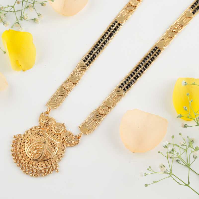 Combo Of 3 Pcs Ethnic Traditional One Gram Gold Glorious Maharashtrian Style Long Chain Black Beads 30 Inch And 18 Inch Short
