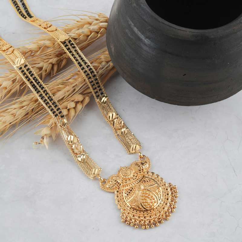 Combo Of 3 Pcs Ethnic Traditional One Gram Gold Glorious Maharashtrian Style Long Chain Black Beads 30 Inch And 18 Inch Short