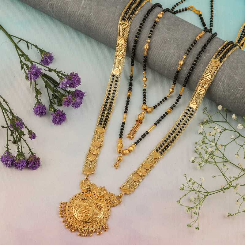 Combo Of 3 Pcs Ethnic Traditional One Gram Gold Glorious Maharashtrian Style Long Chain Black Beads 30 Inch And 18 Inch Short