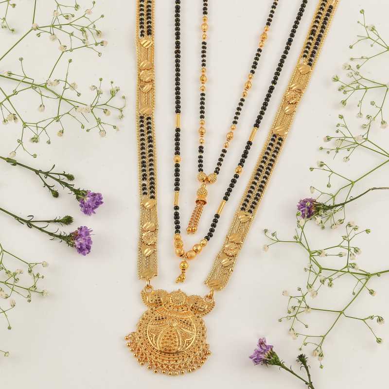 Combo Of 3 Pcs Ethnic Traditional One Gram Gold Glorious Maharashtrian Style Long Chain Black Beads 30 Inch And 18 Inch Short