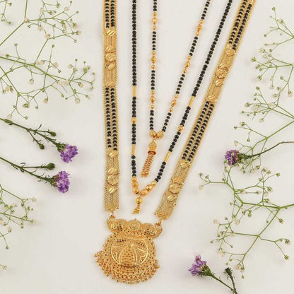 Combo Of 3 Pcs Ethnic Traditional One Gram Gold Glorious Maharashtrian Style Long Chain Black Beads 30 Inch And 18 Inch Short