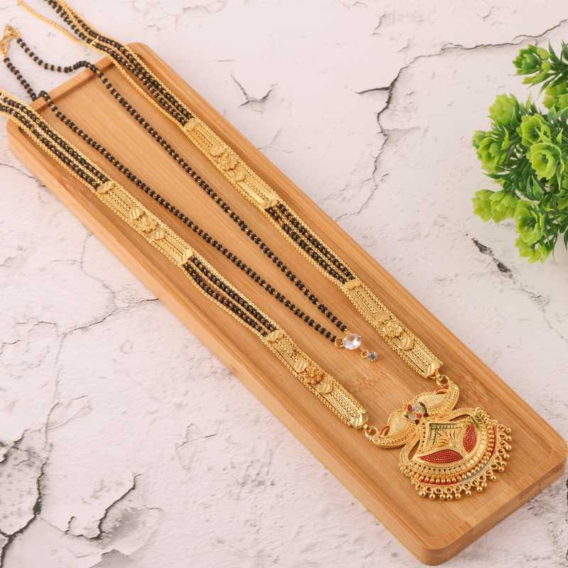 Combo Of 2 Pcs Ethnic Traditional One Gram Gold Glorious Maharashtrian Style Long Chain Black Beads 30 Inch And 18 Inch Short