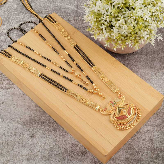 Combo Of 3 Pcs Ethnic Traditional One Gram Gold Glorious Maharashtrian Style Long Chain Black Beads 30 Inch And 18 Inch Short