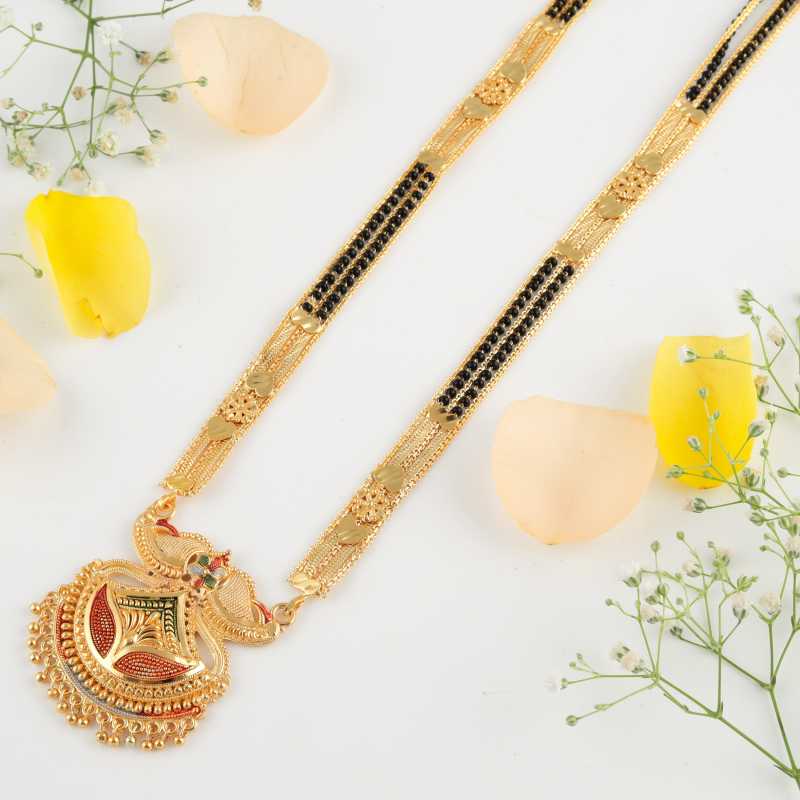 Combo Of 3 Pcs Ethnic Traditional One Gram Gold Glorious Maharashtrian Style Long Chain Black Beads 30 Inch And 18 Inch Short