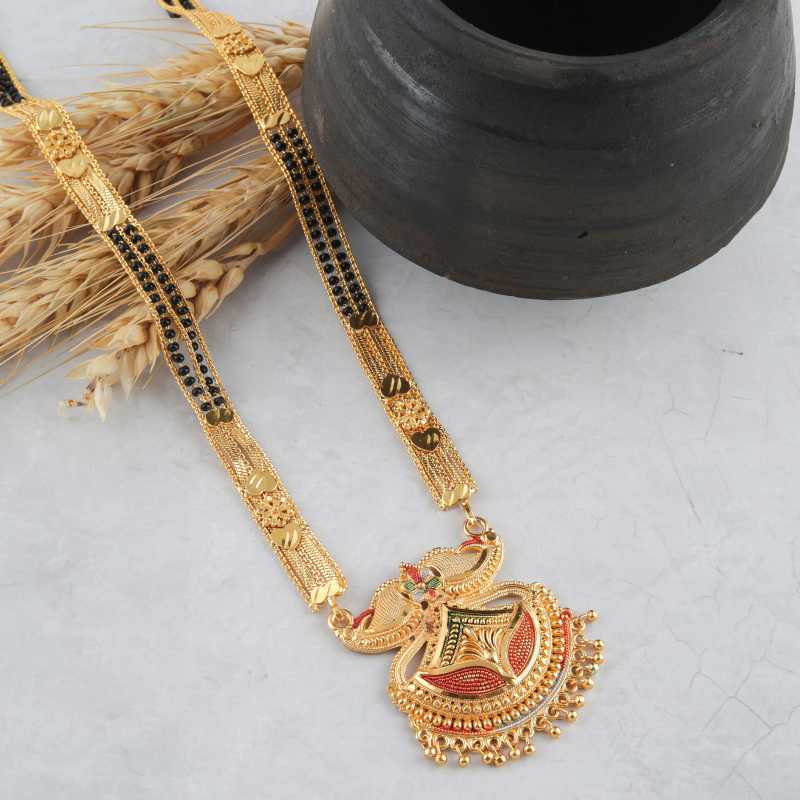 Combo Of 3 Pcs Ethnic Traditional One Gram Gold Glorious Maharashtrian Style Long Chain Black Beads 30 Inch And 18 Inch Short
