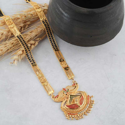 Combo Of 3 Pcs Ethnic Traditional One Gram Gold Glorious Maharashtrian Style Long Chain Black Beads 30 Inch And 18 Inch Short