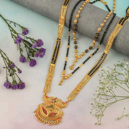 Combo Of 3 Pcs Ethnic Traditional One Gram Gold Glorious Maharashtrian Style Long Chain Black Beads 30 Inch And 18 Inch Short
