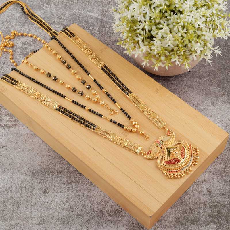 Combo Of 3 Pcs Ethnic Traditional One Gram Gold Glorious Maharashtrian Style Long Chain Black Beads 30 Inch And 18 Inch Short