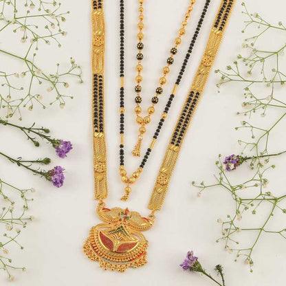 Combo Of 3 Pcs Ethnic Traditional One Gram Gold Glorious Maharashtrian Style Long Chain Black Beads 30 Inch And 18 Inch Short