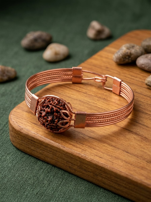 5 Mukhi Rudraksha Copper-Toned Handcrafted Designer Cuff Bracelet