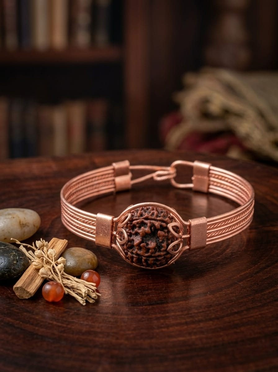 5 Mukhi Rudraksha Copper-Toned Handcrafted Designer Cuff Bracelet