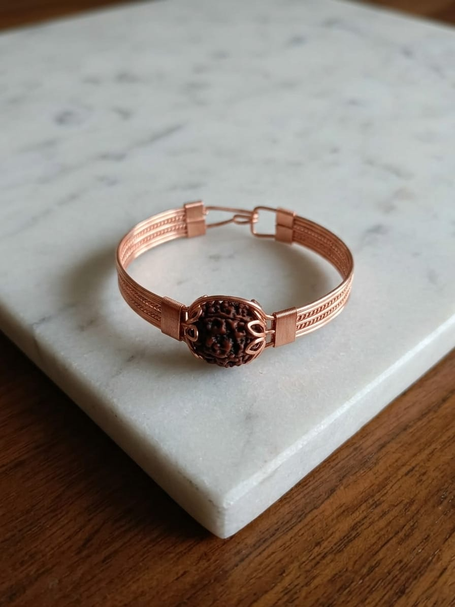 5 Mukhi Rudraksha Copper-Toned Handcrafted Designer Cuff Bracelet