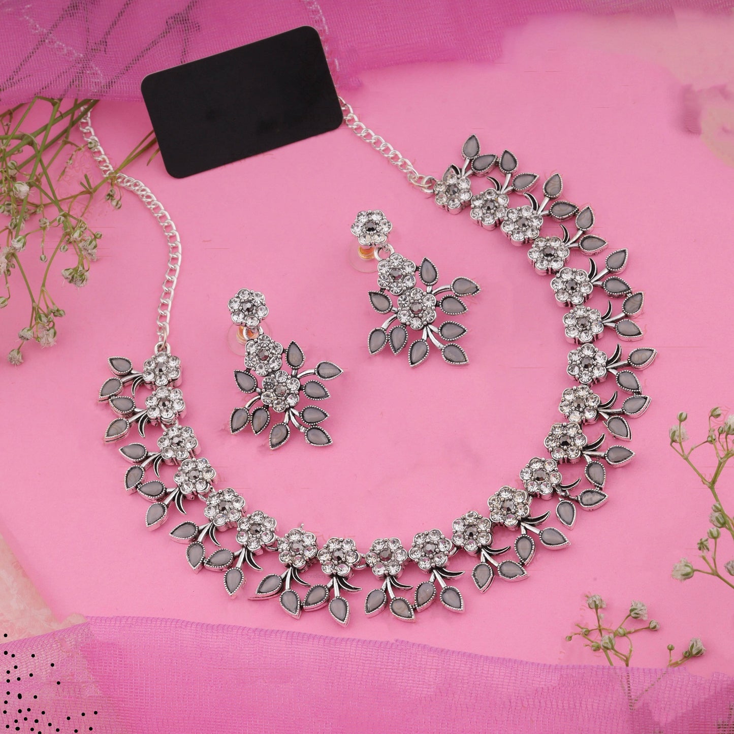 Silver Plated Grey Colour Necklace With Earrings For Womens