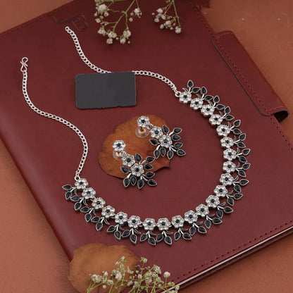 Silver Plated Black Colour Necklace With Earrings For Womens