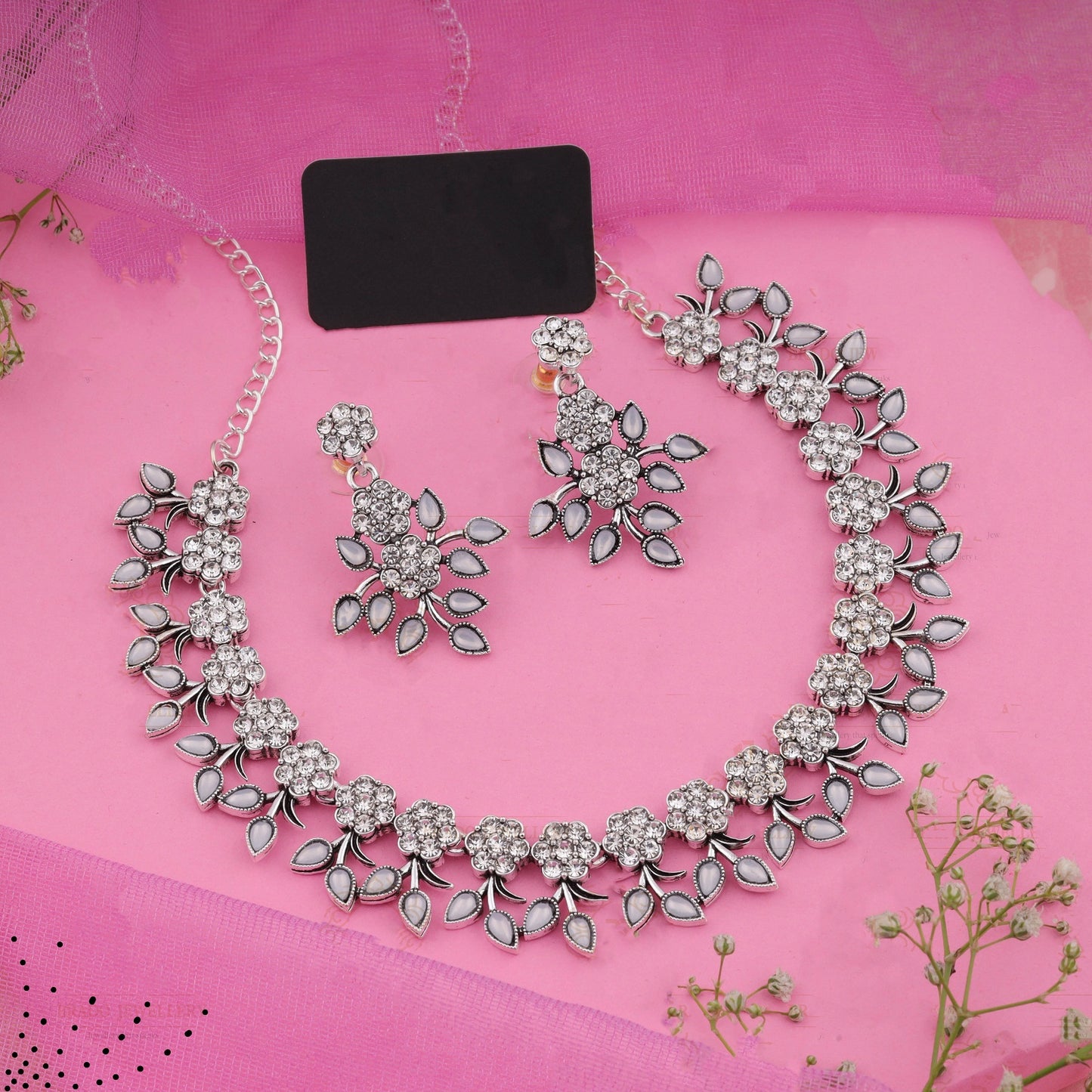 Silver Plated White Colour Necklace With Earrings For Womens