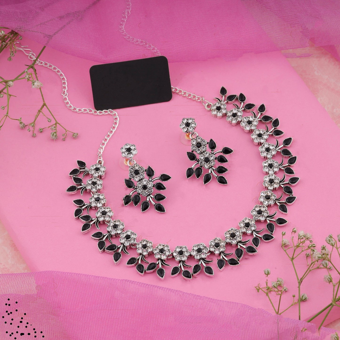 Silver Plated Black Colour Necklace With Earrings For Womens