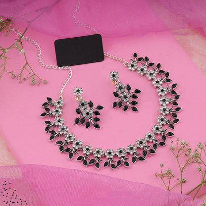 Silver Plated Black Colour Necklace With Earrings For Womens
