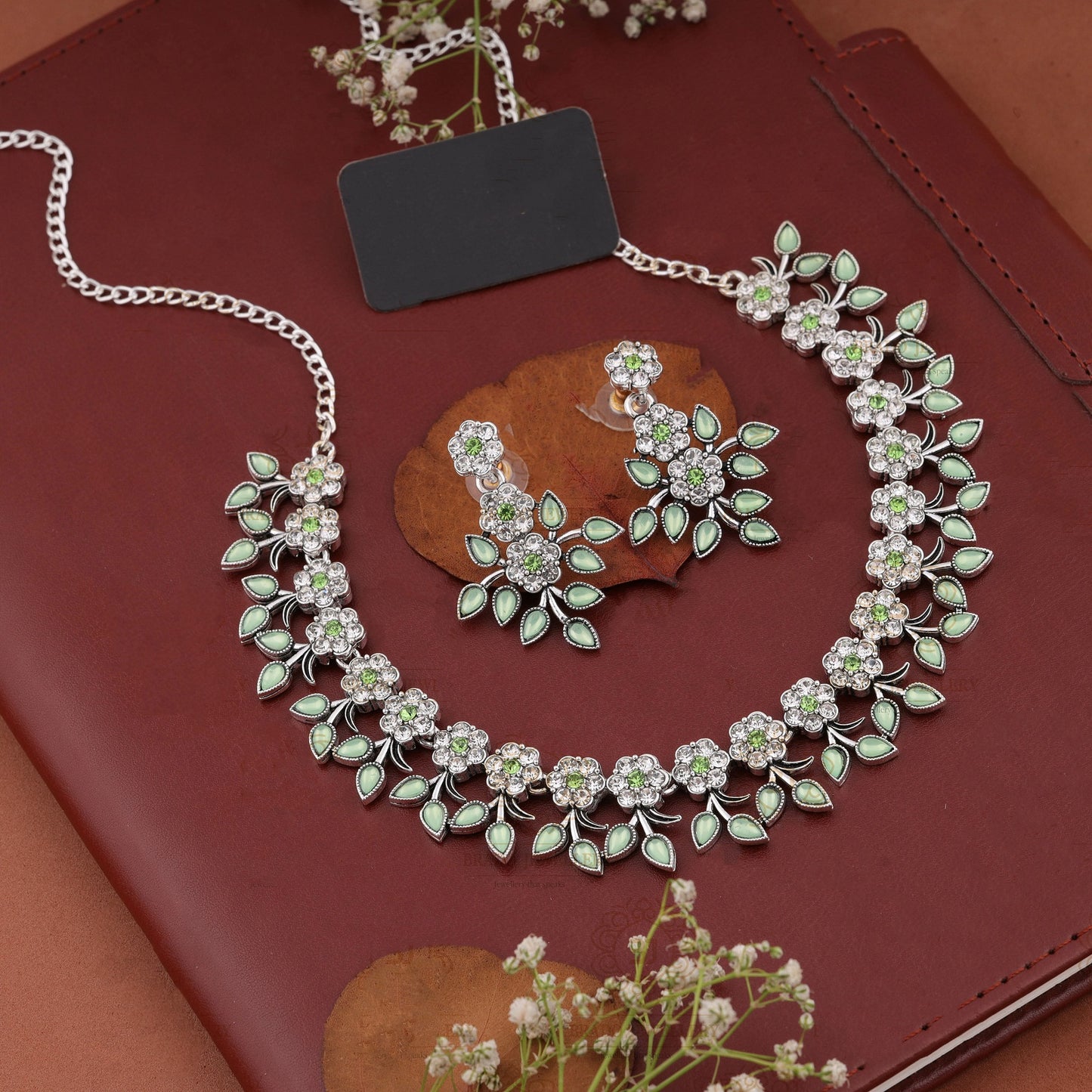 Silver Plated C Green Colour Necklace With Earrings For Womens