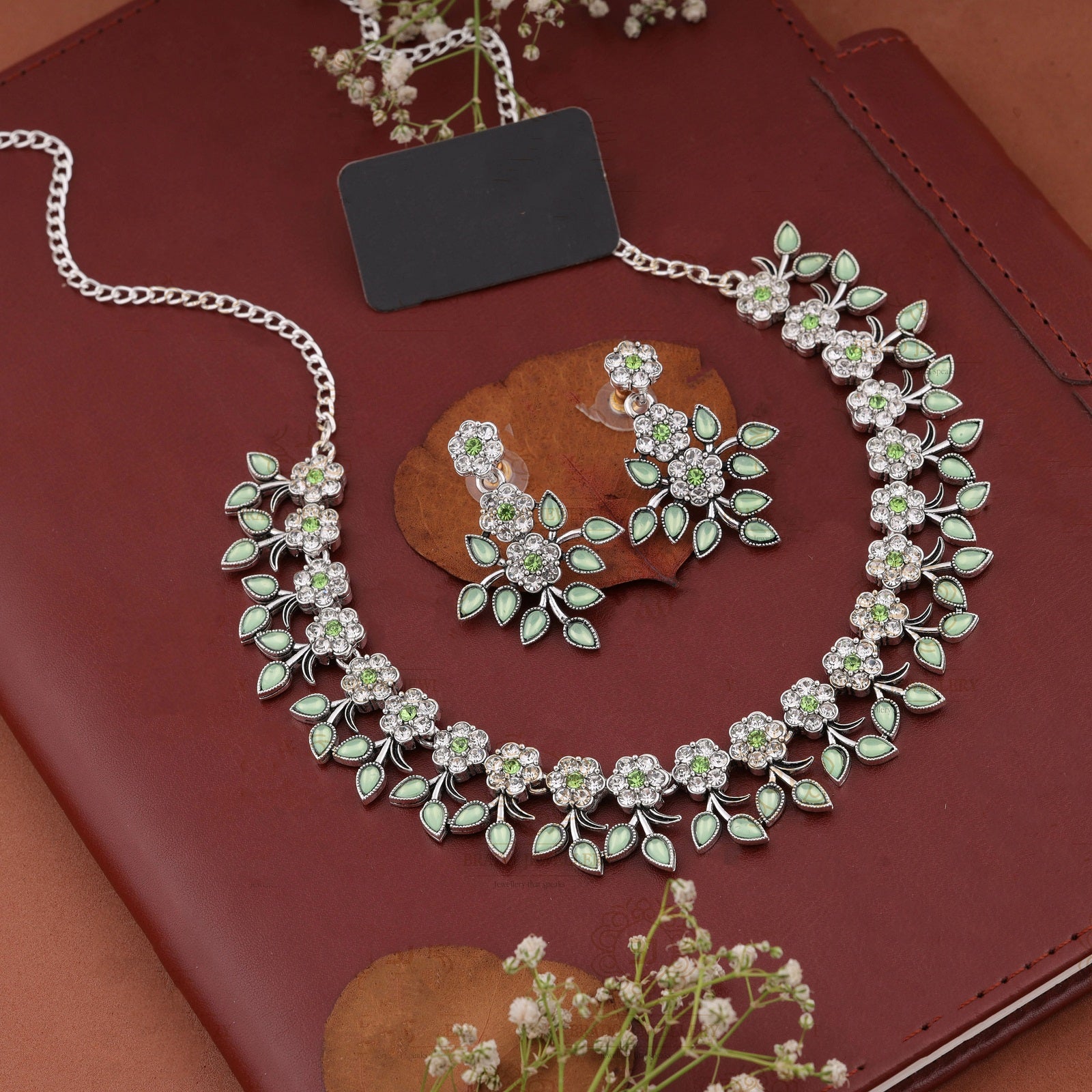Silver Plated C Green Colour Necklace With Earrings For Womens