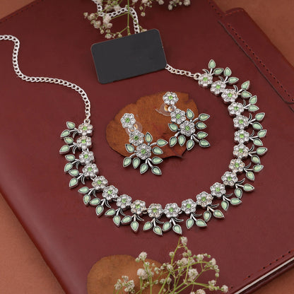 Silver Plated C Green Colour Necklace With Earrings For Womens