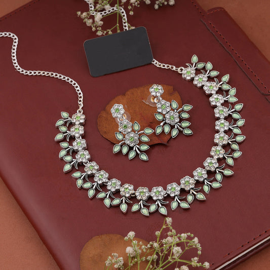 Silver Plated C Green Colour Necklace With Earrings For Womens