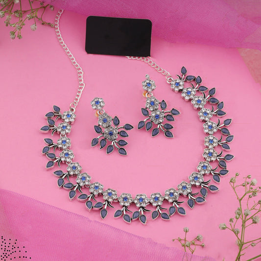 Silver Plated Blue Colour Necklace With Earrings For Womens