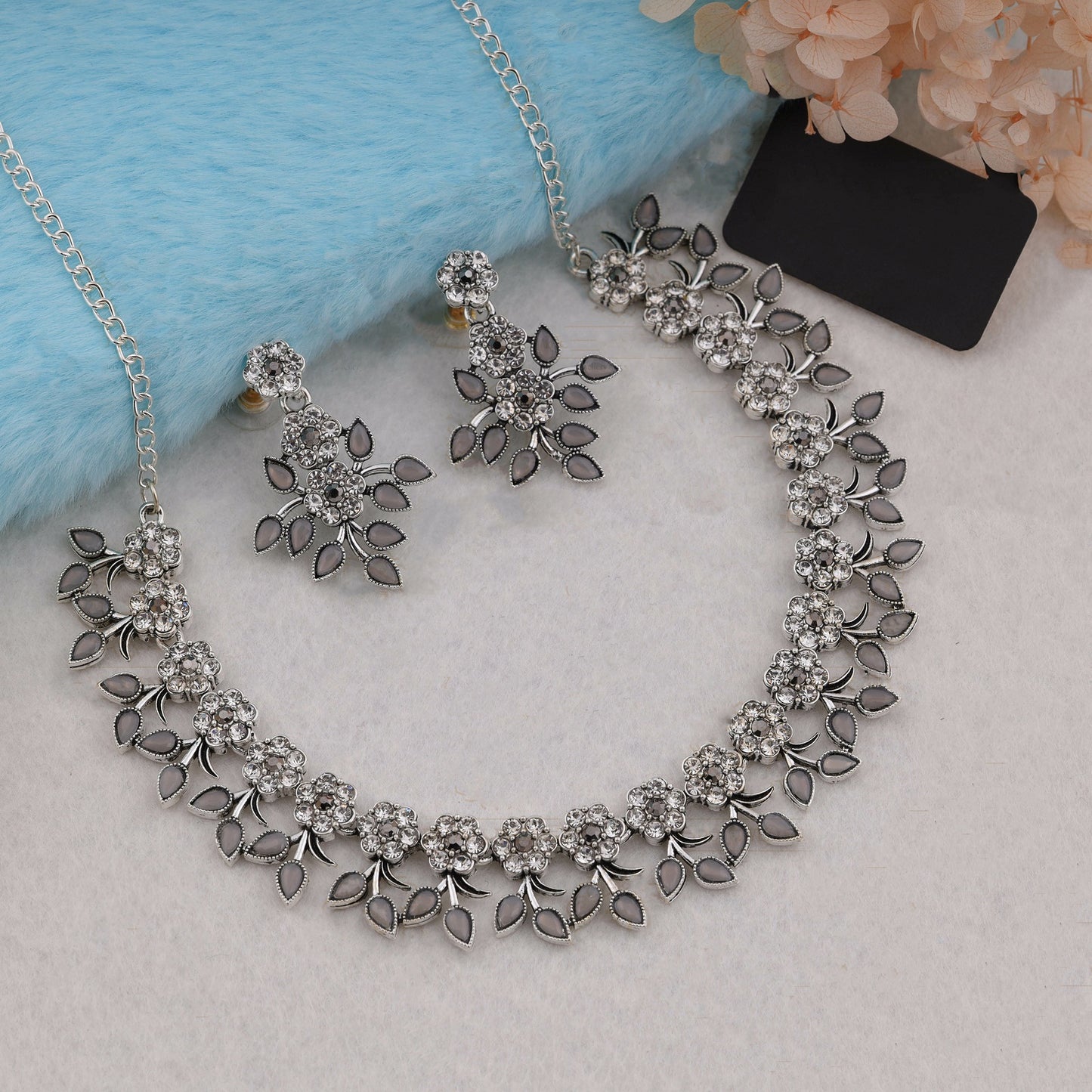 Silver Plated Grey Colour Necklace With Earrings For Womens