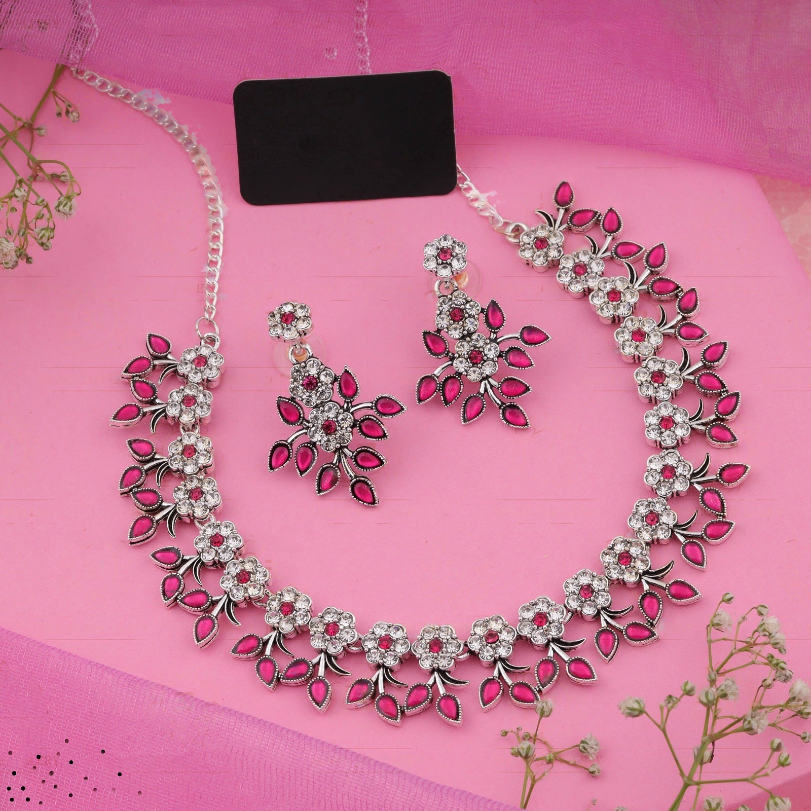 Silver Plated Peach Colour Necklace With Earrings For Womens