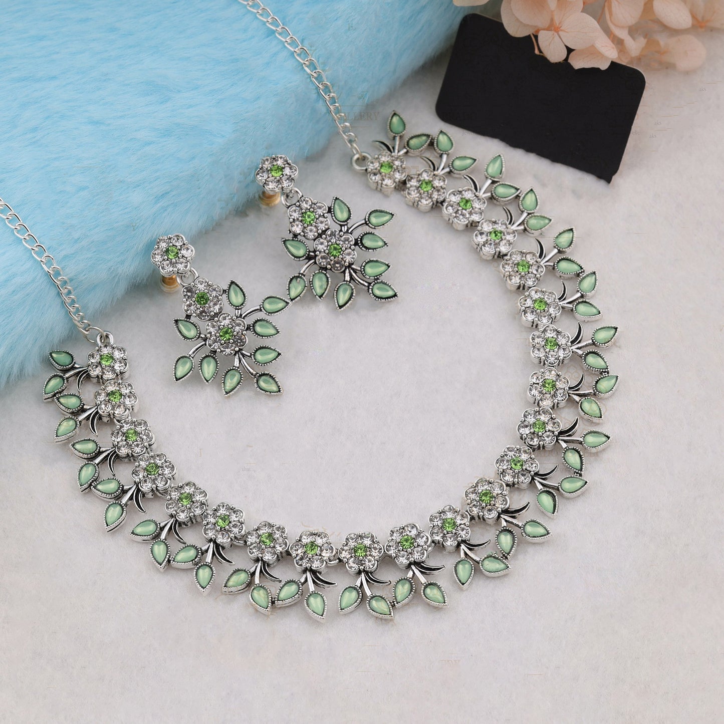 Silver Plated C Green Colour Necklace With Earrings For Womens