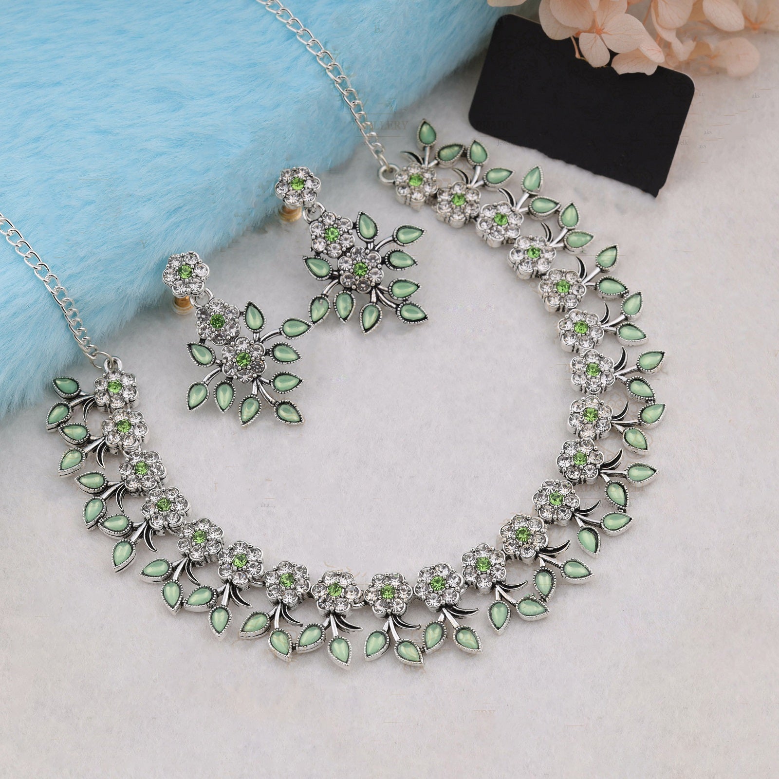 Silver Plated C Green Colour Necklace With Earrings For Womens