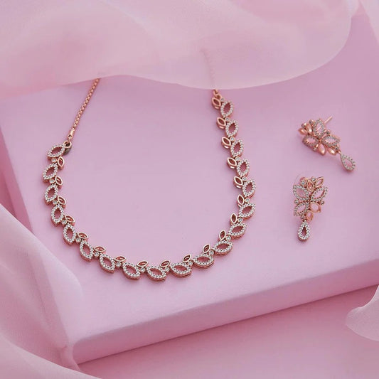 Amazing Rose Gold Plated Necklace With Earrings For Womens