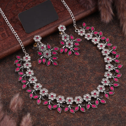 Silver Plated Peach Colour Necklace With Earrings For Womens