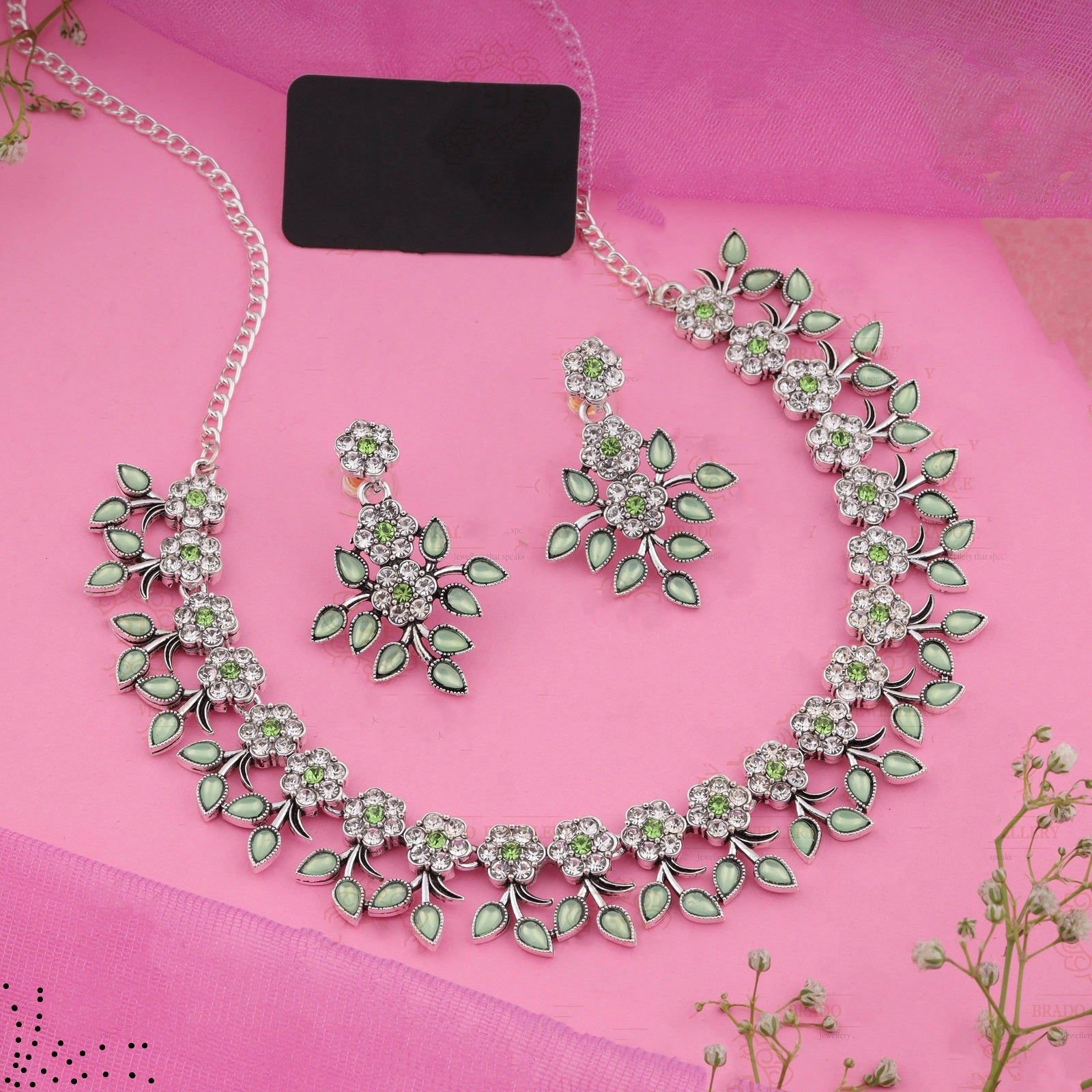 Silver Plated C Green Colour Necklace With Earrings For Womens