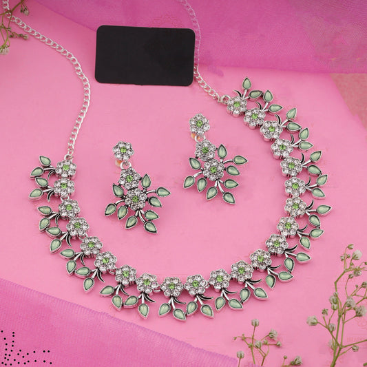 Silver Plated C Green Colour Necklace With Earrings For Womens